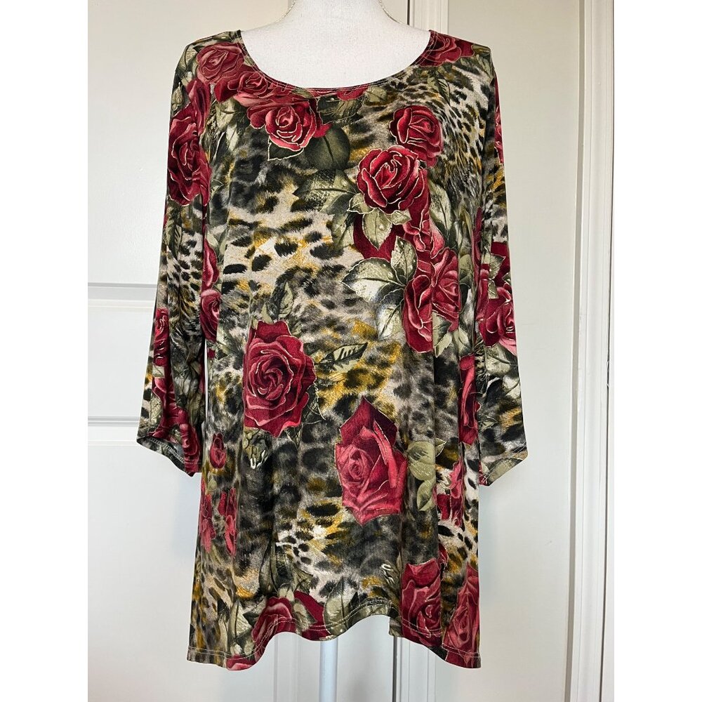 Vtg Brittany Black Womens Animal Print Floral Tunic Top Sz 3X Bold Roses Leopard